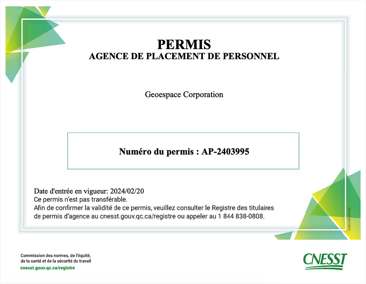 CNESST Permit - Agence de Placement de Personnel - Geoespace Corporation - Permit Number: AP-2403995